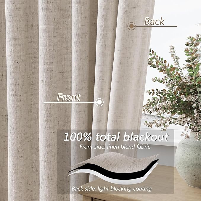 Guken 100% Blackout Curtains 84 Inch Length 2 Panels Set for Living Room Bedroom Back Tab Thermal Insulated Black Out Linen Drapes Room Darkening Window Curtains 84 Inches Long, Sand Beige