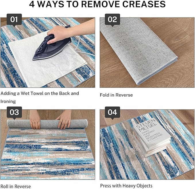 Lansny Modern Abstract Kitchen Rug Set of 2, 2x3 and 2x6 Blue Washable Rug Runner Non Slip Kitchen Mat, Soft Faux Wool Throw Carpet for Entryway, Hallway, Bedroom, Bedside, Laundry Room, Office