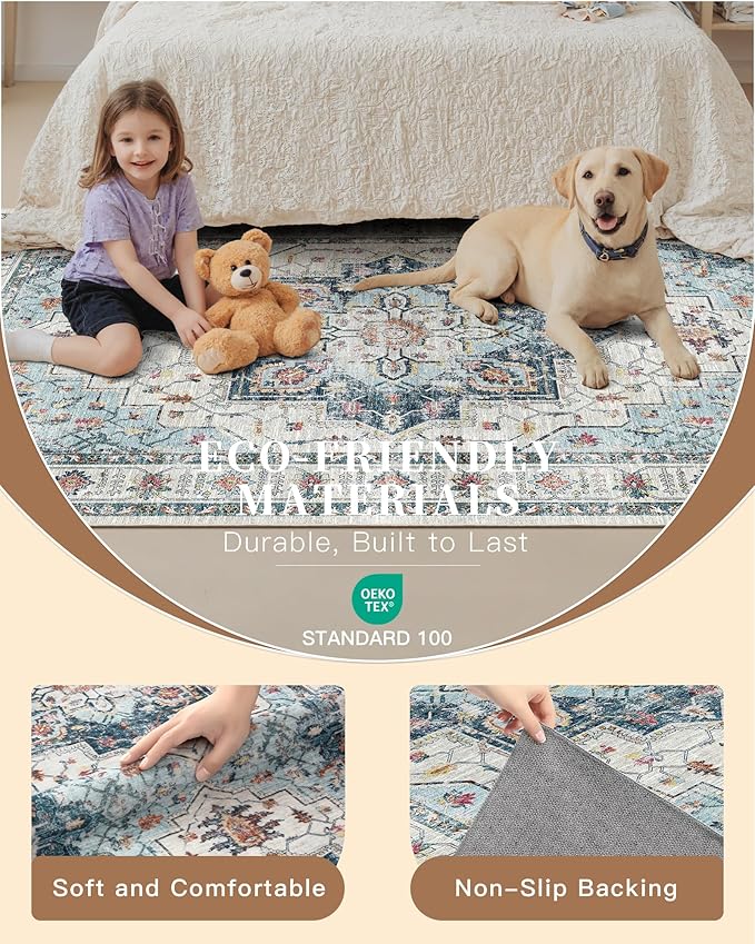 Madane Washable Rug 8x10 Area Rugs for Living Room, Ultra-Thin Non-Slip Backing Rug, Stain Resistant Vintage Large Area Rug for Bedroom (Blue, 8'x10')