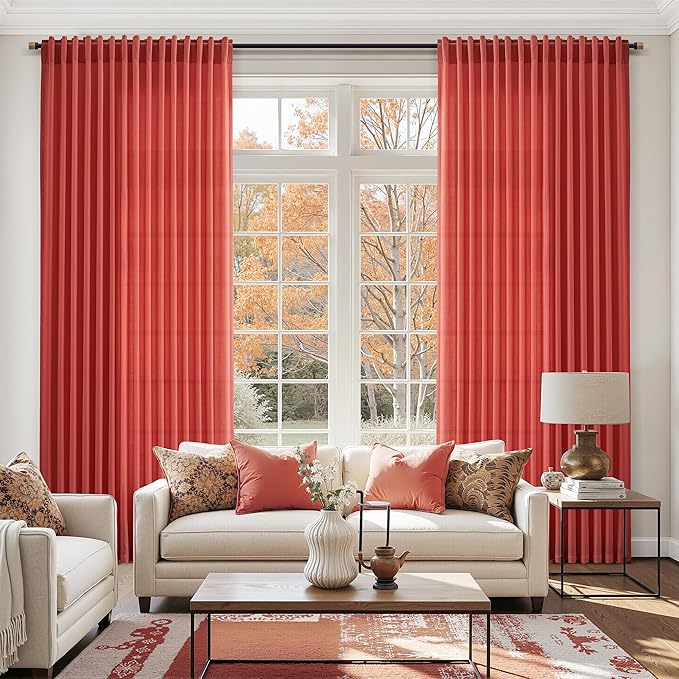 Christmas Red Linen Curtains 102 Inches Long for Living Room Light Filtering Semi Sheer Curtain Back Tab Vintage Rustic Luxury Home Decor Floor to Ceiling Neutral Drapes for Bedroom 52x102, 2 Panels