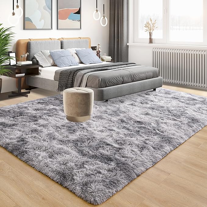 Tepook Fluffy Large Rugs for Living Room, Area Rug 6x9 Soft Carpet for Bedroom, Modern Shaggy Rug for Kids Boys Girls, Plush Indoor Nursery Home Decor Rug with Non-Slip Bottom, Tie-dye Light Grey