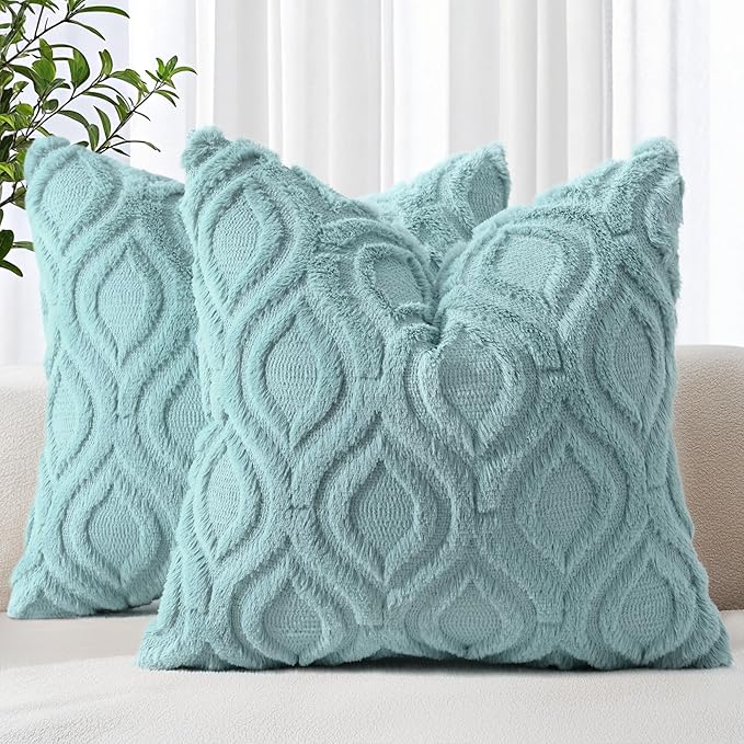 decorUhome Summer Throw Pillow Covers 20x20 Inch Set of 2, Soft Plush Faux Wool Aqua Solid Couch Pillow Covers, Accent Farmhouse Neutral Square Pillow Cases for Sofa Bed Living Room