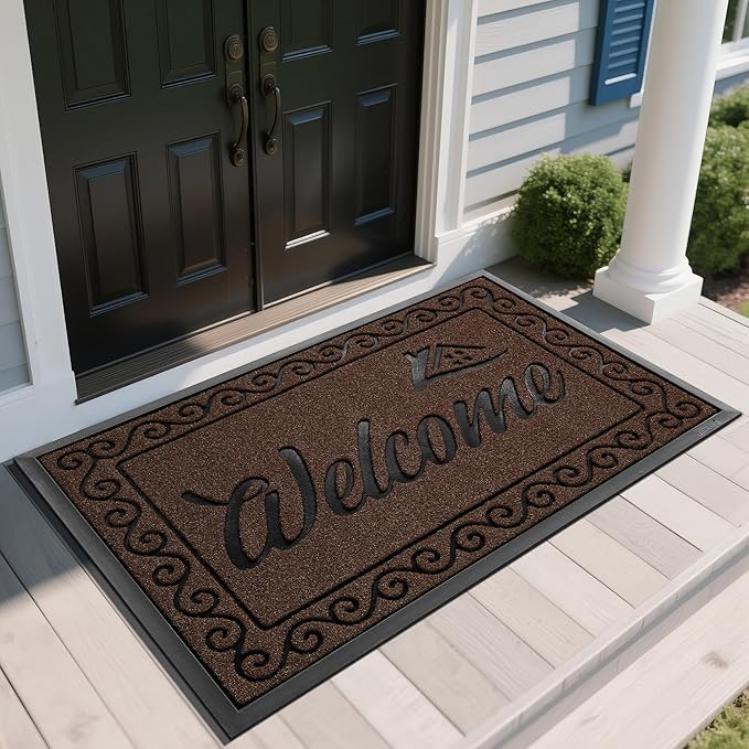 Yimobra Welcome Mat, Heavy Duty Sturdy Door Mats for Home Entrance Outdoor Indoor, Front Doormat for Outside Patio Floor Entry Porch Garage Office, Waterproof, Low Profile, 60 x 36, Coffee