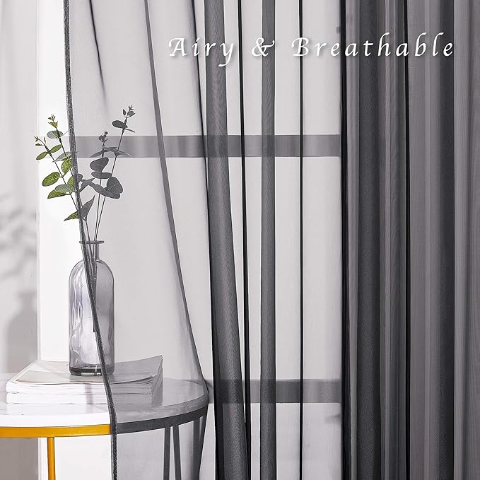 NICETOWN Living Room Sheer Curtains 108 inch Long, Eyelet Top Voile Textured Hazy Sheer Draperies Privacy with Light Penetration for Villa, W54 by L108 inches, 2 Panels, Black