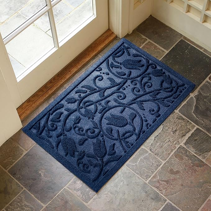 Boho Blue Floral Leaves Outdoor Indoor Entrance Doormats, Absorbent Durable Heavy Duty Welcome Front Door Mat,Thick Natural Rubber Back,Easy Clean Entryway Mat 23x35 Inch, Low Profile
