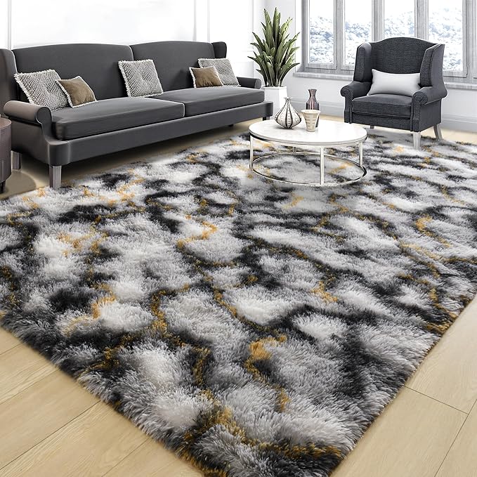 Tepook Soft Fluffy Rugs for Living Room, 5x8 Shaggy Area Rug for Bedroom, Modern Shag Rug Fuzzy Carpets for Kids, Plush Indoor Nursery Home Decor Rug with Non-Slip Bottom, White Black Gold