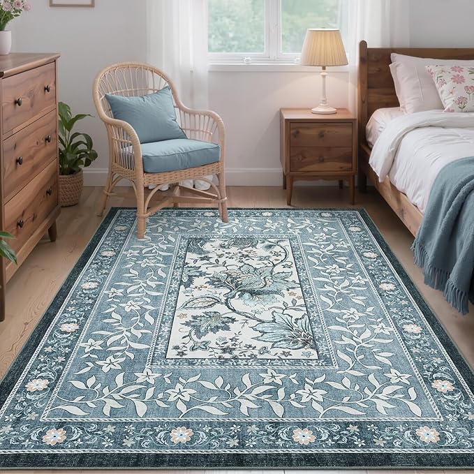 GarveeHome Provence Misty Blue 3x5 Rug Washable Non-Slip Low-Pile Indoor Rugs for Entryway Botanical Grove Vintage Boho Cottage Throw Carpet for Kitchen Bedroom Living Room Bathroom Mat