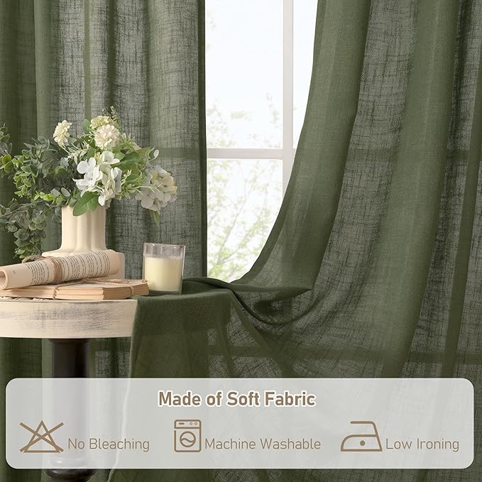 LAMIT Olive Green Linen Semi Sheer Curtains 45 Inch for Bedroom, Light Filtering Neutral Window Curtains Boho Back Tab and Rod Pocket Christmas Decor Panels, 2 Panels, 52 x 45 Inch