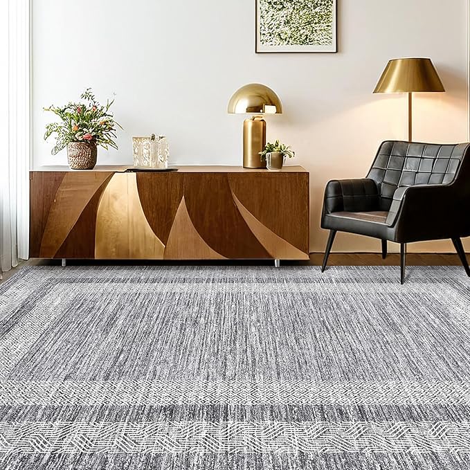 GarveeHome Modern Geometric Area Rug 5x7 Distressed Bordered Rug Washable Non Slip Floor Carpet Non Shedding Thin Rug, Soft Low Pile Rug, Contemporary Gray Rug for Dining Room, Living Room