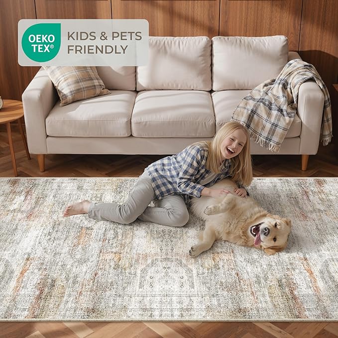 Long Hallway Runner Rug- Carpet Runners for Hallway 12ft, Anti Slip Backing Washable Rug Runner for Bathroom, Entrance, Living Room, Soft Low Pile Modern Rug Runner(2'x12', Grey/Rust)