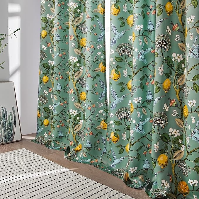 Topfinel Blackout Curtains 63 Inch Length 2 Panels, Cottagecore Tropical Forest Leaf Flower Hummingbird Lemon Patterned Energy Efficient Grommet Cute Green Drapery Treatment Nursery Classroom