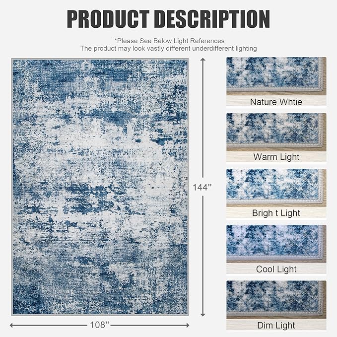 6x9 Area Rug Living Room Rug: Washable Modern Abstract Soft Thin Rug Indoor Floor No Slip Stain Resistant Carpet for Bedroom Dining Room Farmhouse Nursery Home Office - Blue