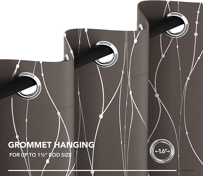 Deconovo Blackout Curtains, Thermal Insulated Soundproof Grommet Drapes, Wave Dots Silver Print, 52 x 63 Inch, Set of 2, Machine Washable Window Panel for Kitchen Bedroom Living Room Nursery, Taupe