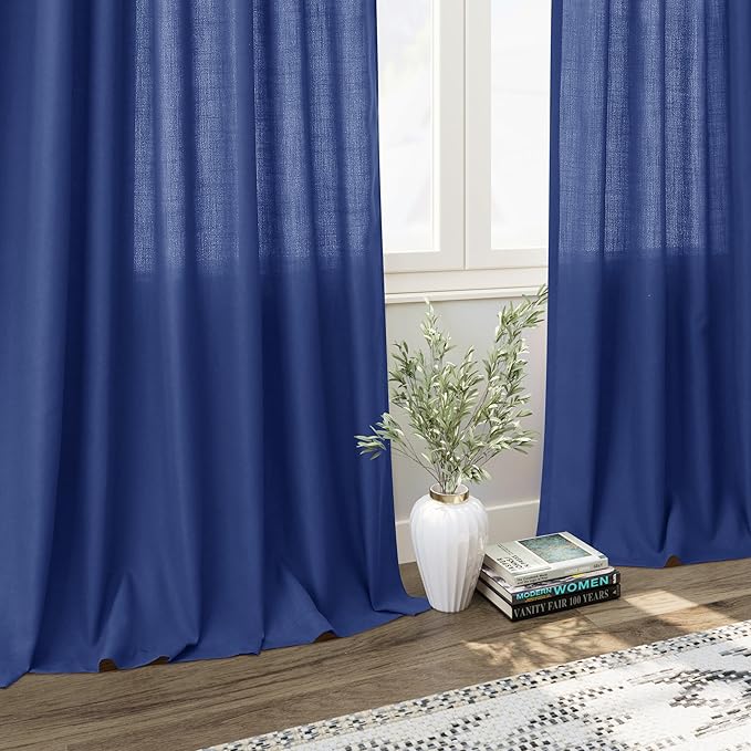 Nanspring Classic Blue Linen Curtains 102 Inches Long Rod Pocket Back Tab Drapes 2 Panels Set for Living Room Bedroom Light Filtering Semi Sheer Classic Blue Curtain 102 Length for Patio Door 52x102
