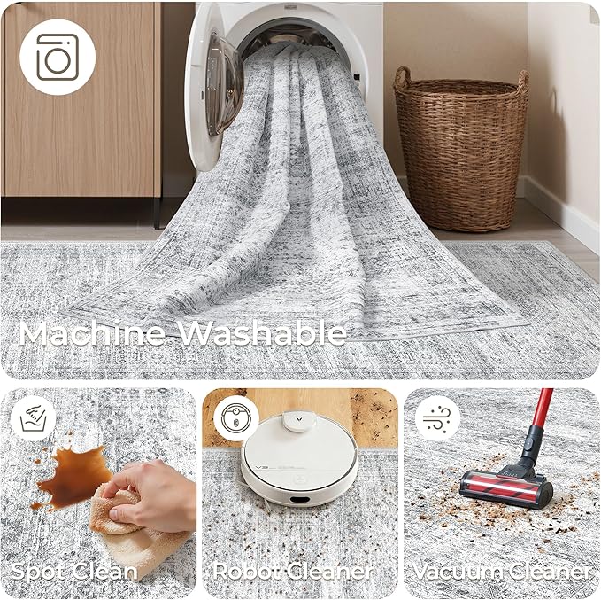 8x10 Area Rugs for Living Room, Non-Slip Backing Large Washable Rug for Nursery Room, Vintage Abstract Bedroom Rugs, Thin Indoor Home Decor Soft Farmhouse Rug (8'x10', Grey/Ivory)