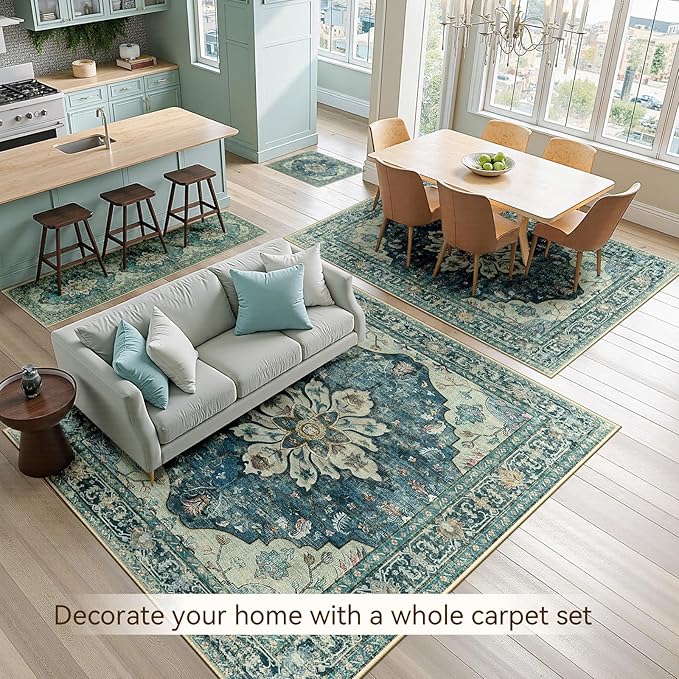 Area Rugs 5'x7' Washable Non-Slip, Floral Vintage Distress Print Pattern Medallion Carpet for Living Room Bedroom Dining Room, Dark Blue Vintage