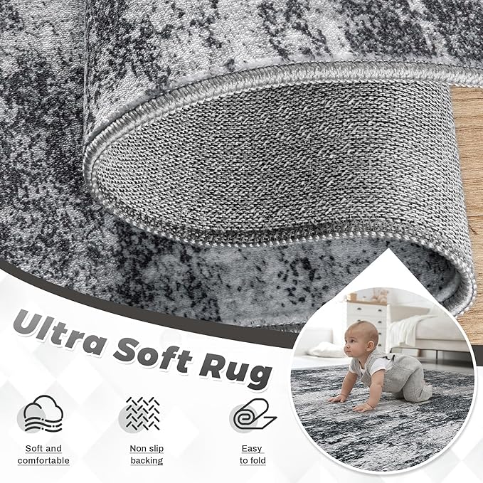 Area Rugs 10x14 Living Room: Washable Rug Modern Abstract Neutral Soft Non-Slip Low-Pile Indoor Large Carpet for Bedroom Dining Room Playroom Home Office (Black Grey, 10'x14')