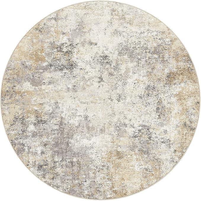 UERMEI 5ft Round Area Rug Living Room Rugs - 5x5 Washable Neutral Modern Abstract Soft Thin Rug Indoor Floor No Slip Rug Carpet for Bedroom Under Dining Table Home Office Decor - Golden Grey