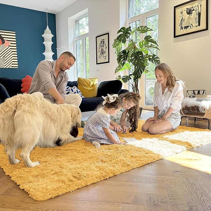 OLANLY Area Rugs for Living Room Bedroom, Machine Washable 4x5.9 ft Soft Fluffy Shaggy Bedside Rug, Indoor Floor Carpet for Kids Girls and Boys, Dorms, Nursery Rooms, Home Decor, Mustard Yellow