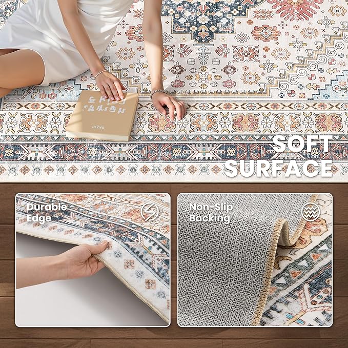 zesthome 8x12 Area Rugs for Living Room,Non-Slip Backing Washable Rugs,Vintage Large Area Rug，Stain Resistant Home Decor Rug (Multi,8'x12')