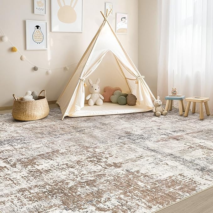 UERMEI Area Rug Living Room Rugs - Washable Neutral Modern Abstract Soft Thin Rug Indoor Floor No Slip Rug Carpet for Bedroom Under Dining Table Home Office Decor - Brown/Grey/Red - 5x7