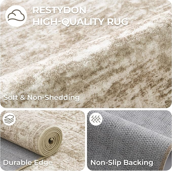 Washable Runner Rug 2.5x12, Non-Slip Long Bathroom Rugs Runner for Kitchen, Living Room, Bedroom, Soft Vintage Washable Rug for Entryway, Thin Floor Mat for Dining Room(2.5'x12', Brown/Ivory)