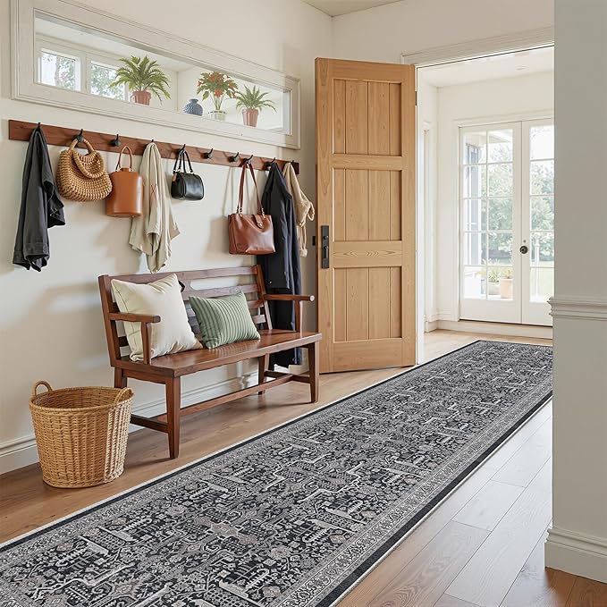 Hallway Washable Runner Rug 2x12 - Non Slip Vintage Kitchen Runner Rugs for Entryway Low-Pile Waterproof Long Runners for Living Room Bedroom Medallion Indoor Floor Mat for Bathroom Laundry Black