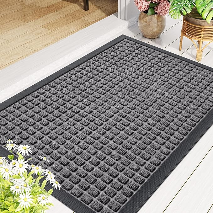 Smiry Front Door Mat Outside Entrance, Heavy Duty Natural Rubber Doormat, Non Slip, Trap Dirt and Moisture, Easy Clean, Low Profile Welcome Floor Mats for Indoor Outdoor Entry, 35x23 Inch, Mix Grey