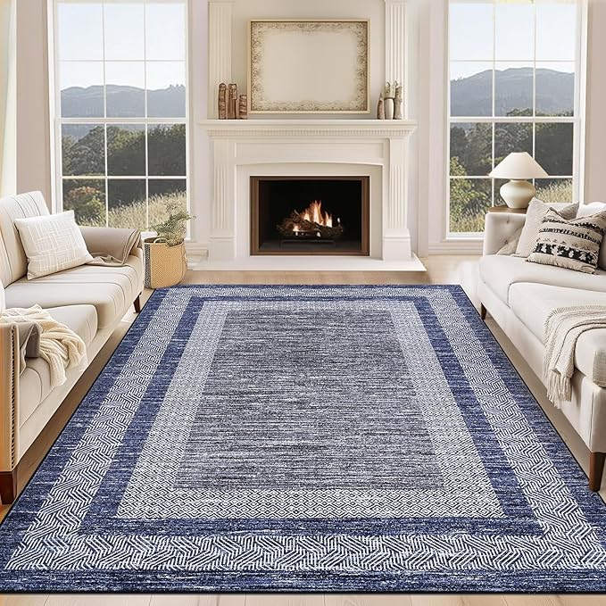GarveeHome 9x12 Large Modern Navy Blue Area Rug Distressed Bordered Soft Non Shedding Floor Carpet, Geometric Washable Non Slip Low Pile Indoor Area Rug for Living Room, Bedroom