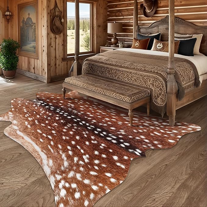 AROGAN Premium Deer Print Rug 4.6x5.2 Feet, Machine Washable Faux Fur Rug, Non-Slip Animal Print Hide Deer Skin Area Rug for Bedroom Living Room Home Decor