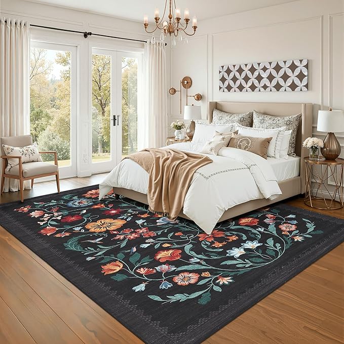 GarveeHome Washable Rug 3x5 Area Rugs for Living Room, Floral Rug for Bedroom, Soft Boho Non Slip Throw Rugs with Rubber Back, Low Pile Stain Resistant Vintage Floral Carpet for Dining Room, Black