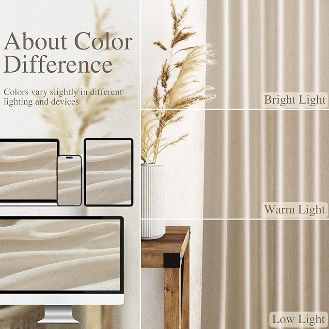Birch Beige Linen Curtains for Living Room 126 Inches Long Light Filtering Semi Sheer Curtain Back Tab Modern Farmhouse Decor Elegant Drapes Floor to Ceiling High Window for Bedroom 52x126, 2 Panels