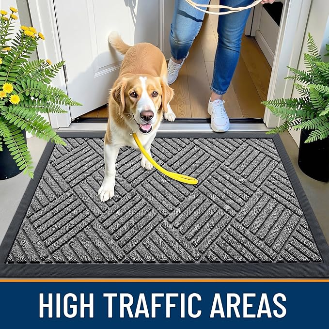 OLANLY Front Door Mat Outside Entrance 71x23, Absorbent, Heavy Duty Sturdy Natural Rubber Doormat Indoor Outdoor, Stain and Fade Resistant, Non-Slip Low Profile Floor Mat for Entryway, Grey Diamond