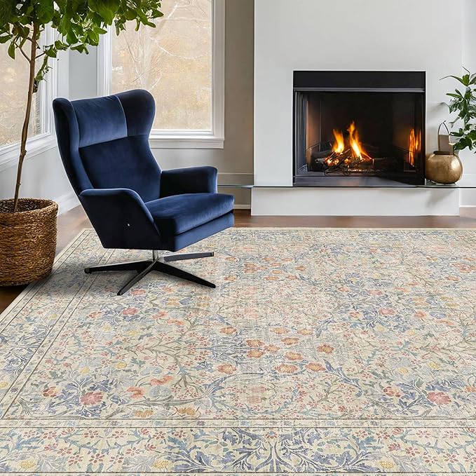 Washable Dining Room Rugs, 6x9 Area Rug for Living Room, Bedroom, Kids Playroom, Baby Nursery - Low Pile Non-Slip Lightweight - Oriental Vintage Design & Stain Resistance (6x9 Light Beige Blue)