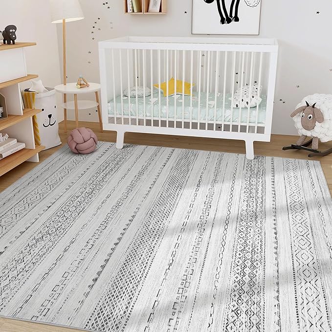 Nakagishi 6x9 Area Rugs Living Room: Washable Boho Large Neutral Soft Farmhouse Rug Stain Resistant Modern Indoor Floor Non-Slip Carpet for Bedroom Nursery Kids Playroom Office Dining Room Dorm- Grey