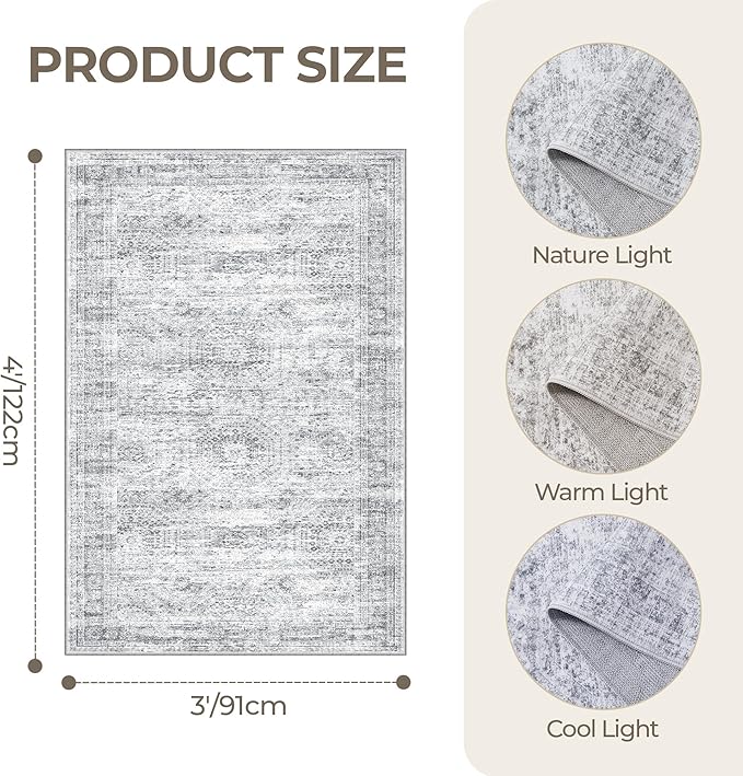3x4 Washable Area Rug for Entryway, Soft Kitchen Rugs Non Slip for Dining Room, Vintage Abstract Living Room Rug, Thin Area Rugs Indoor for Bedroom, Kids Room Decor(3'x4', Grey/Ivory)
