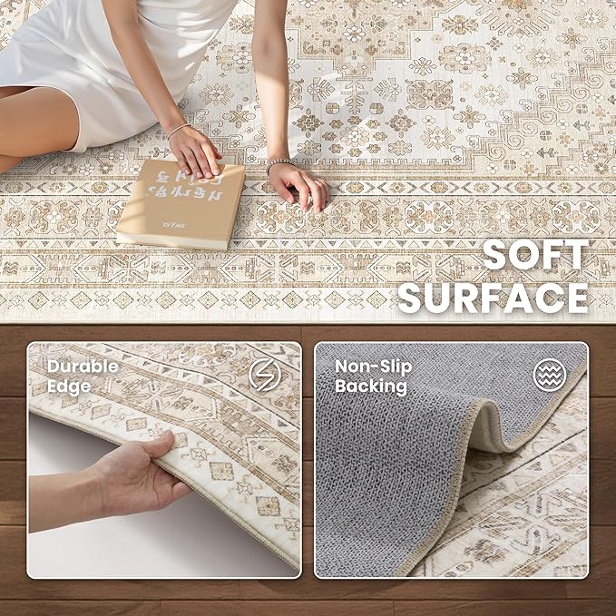 zesthome Washable Round Area Rugs - Non-Slip 6ft Round Rugs, Ultra-Thin Large Circle Rugs for Living Room, Soft Low Pile Rug for Bedroom, Kitchen, Nursery - Vintage Round Rug(Cream/Beige,6'x6')