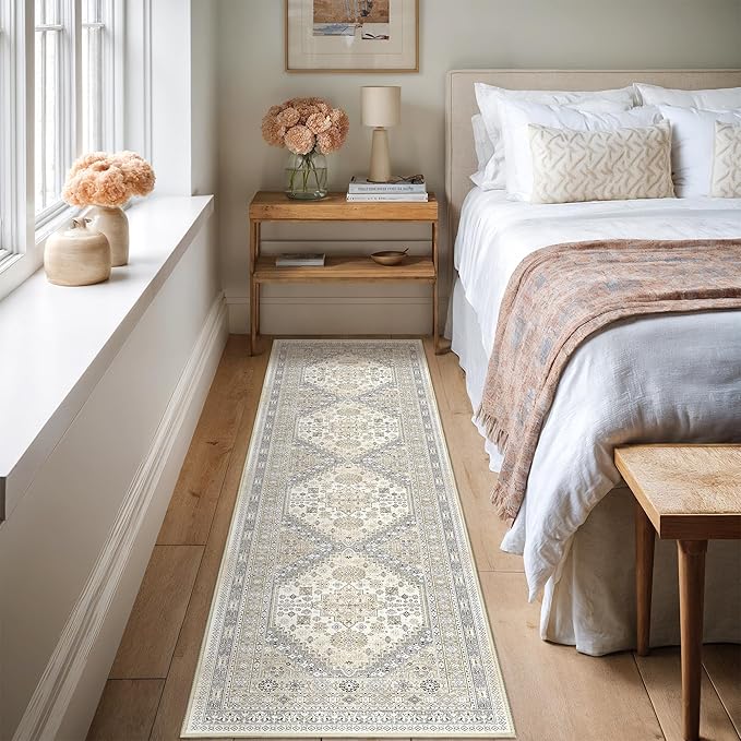 Runner Rug 2x8 Runners for Hallways Non Slip Washable, Vintage Hallway Runner Rugs for Living Room, Low Pile Soft Hallway Rug for Kitchen Bedroom Laundry Room Rug(Beige,2'x8')
