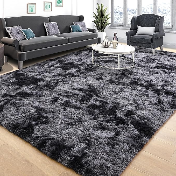 Tepook Area Rugs 9x12 for Living Room, Super Soft Fluffy Rugs for Bedroom, Modern Shaggy Rug Fuzzy Carpets for Kids, Plush Indoor Nursery Home Decor Rug with Non-Slip Bottom, Tie-Dyed Dark Grey