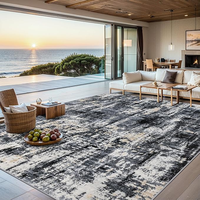 Area Rugs Living Room Rug - 5x7 Washable Modern Abstract Soft Neutral Non-Slip Carpet Large Indoor Floor Thin Carpets for Bedroom Dining Room Farmhouse Nursery Home Office Black Gold