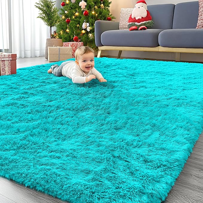 OLANLY 8x10 Machine Washable Large Area Rugs for Living Room, Bedroom, Soft Fluffy Shaggy Bedside Rug, Indoor Floor Carpet for Kids Girls and Boys, Dorms, Nursery, Home Decor Aesthetic, Teal Blue
