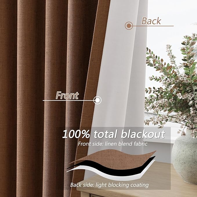 Guken Caramel Brown 100% Blackout Linen Curtains 120 Inch Length 2 Panels Set for Living Room Bedroom Back Tab/Rod Pocket Thermal Insulated Black Out Drapes Room Darkening Farmhouse Window Curtains