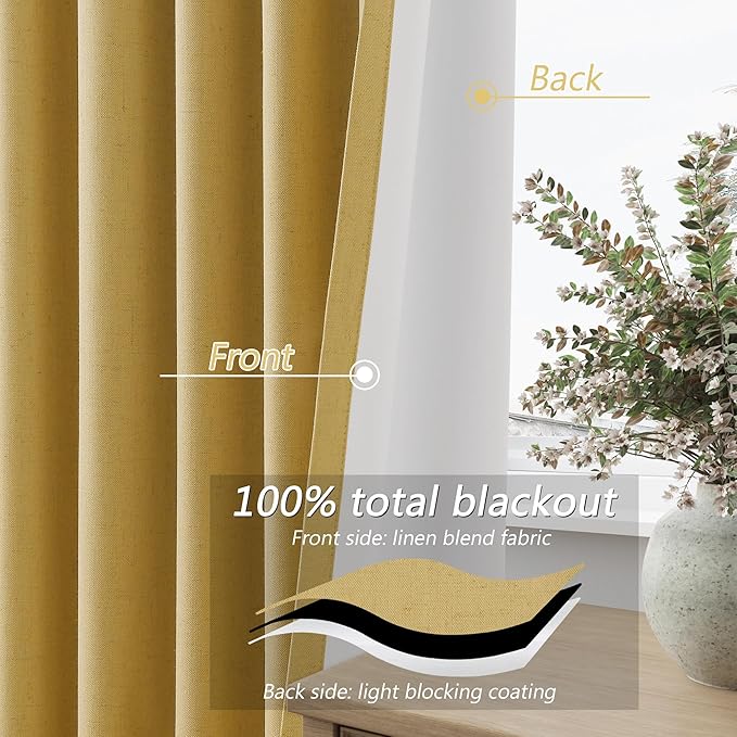 Guken 100% Blackout Curtains 102 Inch Length 2 Panels Set for Living Room Bedroom Back Tab Thermal Insulated Black Out Linen Drapes Room Darkening Window Curtains Gold Yellow 52x102