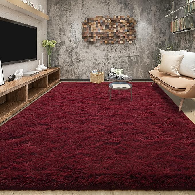 Tepook Soft Fluffy Rugs for Living Room, 5x8 Shaggy Area Rug for Bedroom, Modern Shag Rug Fuzzy Carpets for Kids, Plush Indoor Nursery Home Decor Rug with Non-Slip Bottom, Burgundy Red
