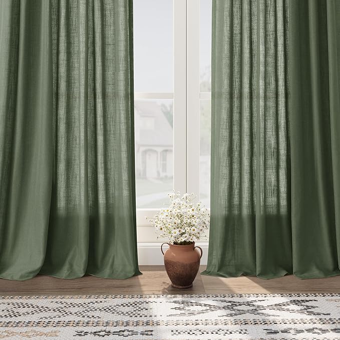 Extra Long Curtain 108 Inches Long 2 Panels Set Back Tab Olive Green Linen Drapes for Living Room Neutral Farmhouse Light Filtering Semi Sheer Linen Curtains 108 Inch Length for Large Window 9 FT