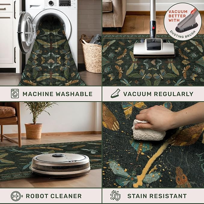 Hazo Haus Insect 2x7 Stain Resistant Kitchen Runner Rugs, Vintage Bathroon Rug Non Skid, Low Pile & Soft Non Slip with Rubber Backed, Dark Green Boho Room Decor for Bedroom