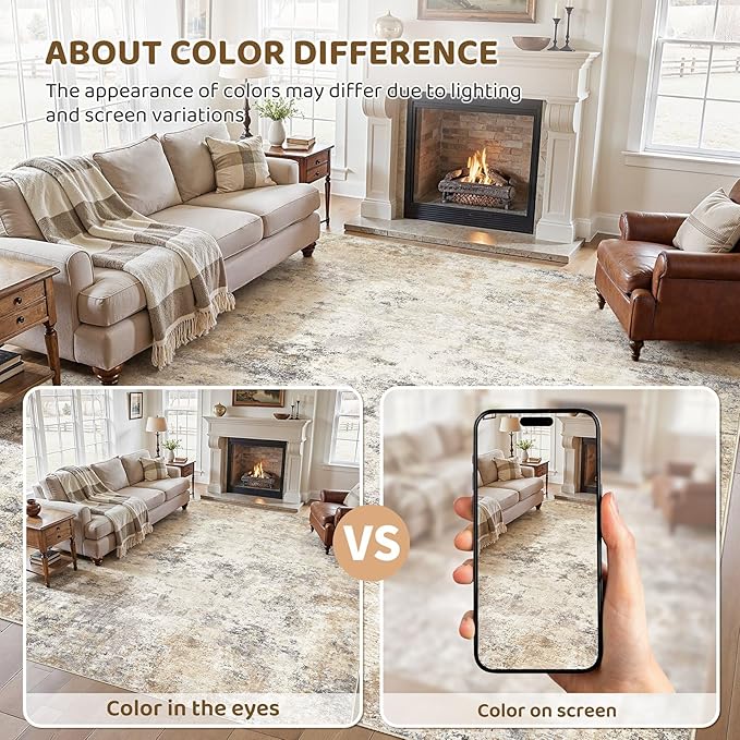 9x12 Area Rug Living Room Rugs - Washable Neutral Modern Abstract Soft Thin Large Rug Indoor Floor No Slip Rug Carpet for Bedroom Under Dining Table Home Office Decor - Golden Grey