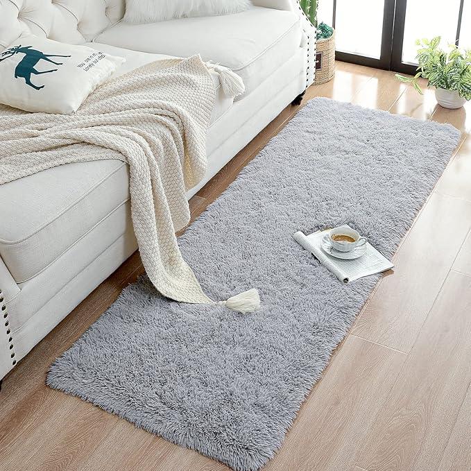 Chicrug Soft Runner Rugs for Bedroom Living Room Plush Fluffy Rug 2x8 Feet, Shag Furry Runner Carpet Non Shedding for Nursery Children Kids Girls Room Home Decorative, Grey