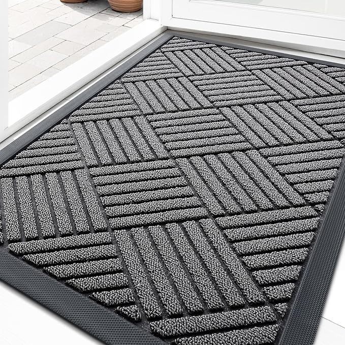 OLANLY Front Door Mat Outside Entrance 29.5x17, Absorbent, Heavy Duty Sturdy Natural Rubber Doormat Indoor Outdoor, Stain and Fade Resistant, Non-Slip Low Profile Floor Mat for Entryway, Grey Diamond