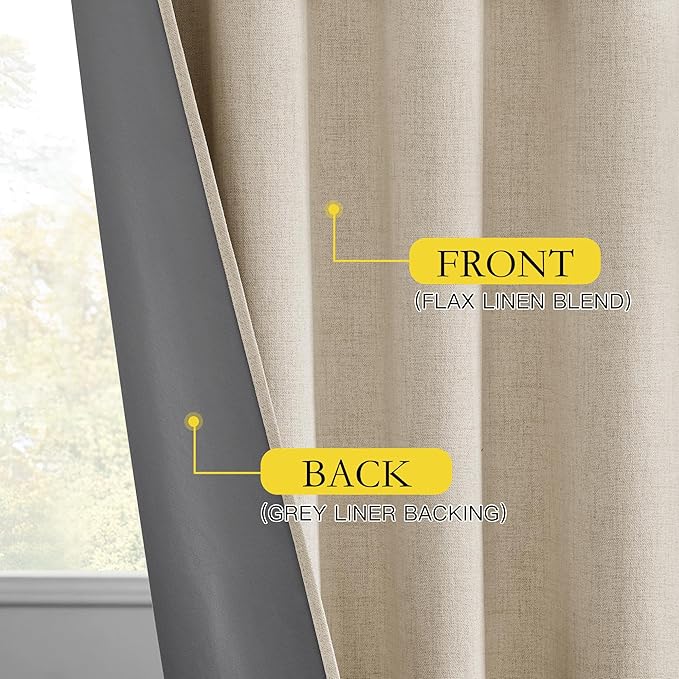 NICETOWN Farmhouse Style Keep Warm Large Window Draperies 108 inches Length with Thermal Insulated Liners, 2 Panels, 52" W, Full Blackout Cream Linen Curtains for Sliding Glass Door